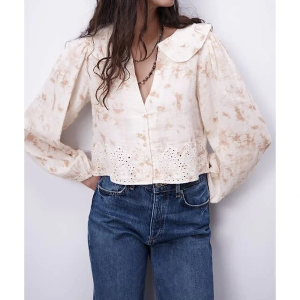 Zara Cream Tie-Dye Eyelet Lace Cropped Blouse